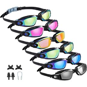 Swim Goggles, 6 Pack Anti Fog Swimming Goggles No Leaking Water Clear Vision Full Protection Silicone Goggles with Ear Plugs Nose Clip for Adult Women Men Teenagers