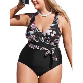 CUPSHE Women's Plus Size Swimsuit One Piece Bathing Suit Wrap Self Tie Retro Floral Adjustable Straps