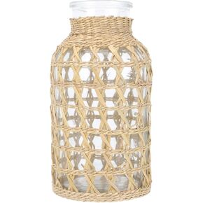 DOITOOL Glass Rattan Woven Vase, Farmhouse Decorative Glass Flower Vase with Rattan Cover, Natural Seagrass Vase Basket Floral Vase for Centerpieces, Vase for Home Decor, Living Room, Office- L