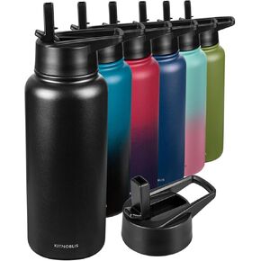 Water Bottle Insulated 32oz Straw Lid, Leak Proof, Vacuum Insulated,Stainless Steel Water Bottle Wide Mouth for Sports, Gym, BPA-Free Keep Cold 24H Hot 12H (BLACK)