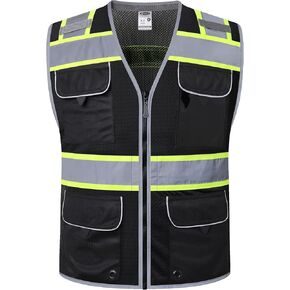 JKSafety Hi-Vis Black Surveyor Safety Vest for Men Women High Visibility Reflective Construction Work Vest Mesh Cushioned Collar Heavy Duty PPE Inner Pockets ANSI/ISEA Compliant(188-Black XXL)