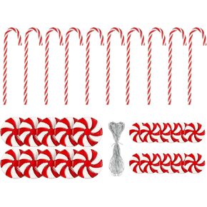 30 Pieces Candy Cane Christmas Tree Decorations Candy Peppermint Hanging Ornaments for Xmas Craft Party Holiday Decorative Supplies, Include 109 Yards Crafts Metallic Cord