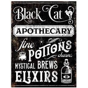 Black Cat Apothecary Fine Potions & Elixirs Holiday Metal Tin Wall Art Rustic Fall Sign Creepy Gothic Halloween Xmas Home Bar Decor 8x12 Inch, 8 x 12 Inch