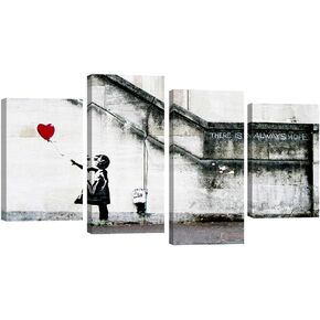 Wieco Art Famous Canvas Paintings Wall Art Banksy Grafitti Girl with Red Balloon Modern Large 4 Piece Inspirational Grey Love Giclee Pictures Print Artwork for Dining Room Kitchen Home Office Decor