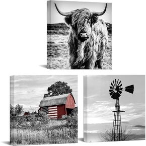 Black and White Canvas Set of 3 Wall Art Prints Farmhouse Barn American Flag Highland Cow and Windmill Pictures Rustic Farm Countryside Framed Artwork Ready To Hang Each Panel 12x12 (Small)