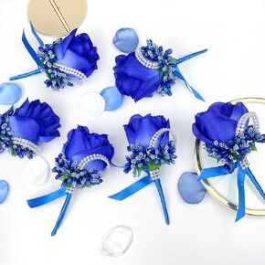 Boutonniere for Men Wedding Set 6PCS, Groom Best Man Boutonniere Blue Corsage with Silk Rose for Ceremony Anniversary Engagement Formal Dinner Party Artificial Flowers Prom Suit Decorations