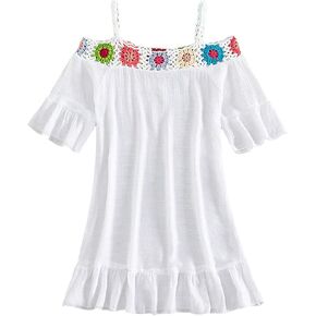 فستان COZYEASE للفتيات من الكروشيه بكتف بارد وحاشية مكشكشة وأكمام قصيرة لتغطية ملابس الشاطئ in Kuwait