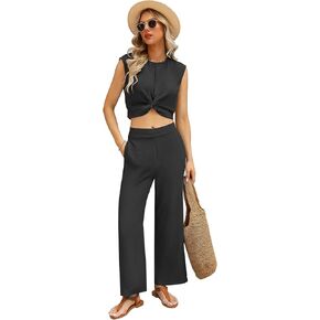 Two Piece Sets For Women Summer Casual,Twist Front Short Shirt Wide Leg Pants，Airflow Ice Silk Lounge Set 2024