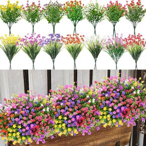 Fall Flowers for Outdoors, 8 Bundles Fake Plants Faux Silk Daisy with Eucalyptus Plants Greenery Boxwood Plastic Shrubs Decor Farmhouse Home Garden Thanksgiving Porch Patio (8pcs Fall Flowers)