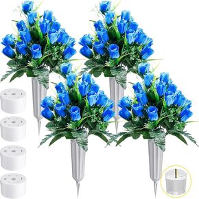 Crowye 4 Sets Artificial Cemetery Flowers 96 Heads Artificial Rose Bouquet Grave Flowers for Cemetery Flower Arrangement with Vase Silk Memorial Flowers for Headstone Decor Outdoor (Gradient Blue)