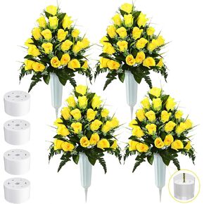 Crowye 4 Sets Artificial Cemetery Flowers 96 Heads Artificial Rose Bouquet Grave Flowers for Cemetery Flower Arrangement with Vase Silk Memorial Flowers for Headstone Decor Outdoor (Gradient Blue)