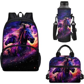 Pug Print Backpack Set for Boys 3 Pack Book Bag with Water Holder Case Meal Bag, Travel Rucksack 17inch School Bag with Side Mesh Pocket