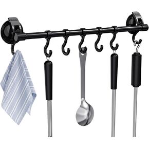 Suction Cup Hook Rack Bar Rail Hanger Shower Utensil Hook Hooks Organizer for Kitchen Utensils and Bathroom Accessories .,Black.