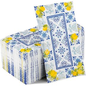 GROBRO7 100 Pcs Capri Lemons Napkins Cyan-Blue Tile Pattern Disposable Guest Towels 3 Ply Bathroom Restaurant Paper Hand Towels for Spring Summer Holiday Birthday Italian Theme Party Supplies