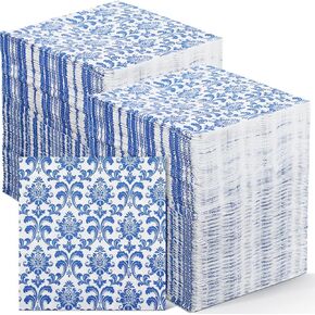 200 Pcs Blue Floral Paper Napkins Decorative Napkins 2 Layers Napkins Guest Disposable Paper Hand Towels White Blue Cocktail Napkins Luncheon Napkin for Dinner Wedding Tea Party