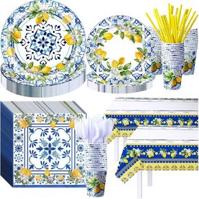 227 Pcs Amalfi Coast Lemon Party Supplies Capri Lemon Party Positano Tableware Decorations Summer Mediterranean Decorations Disposable Plates Napkin Forks for Birthday Baby Shower Serves 25