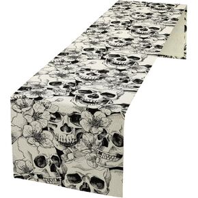Gothic Table Runner White Skull Flowers Moth Pattern Table Runner Table Cloth Decoration Dresser Garden Farmhouse Wedding Party Vacation Dinner Home 13x36 inches