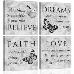 Inspirational Butterfly Wall Art - 4 Panels Grey Canvas Print - Faith Love Dreams Believe Calligraphy Canvas Wall Decor - Motivational Posters for Home Office Decor (B01, 12x12inch)