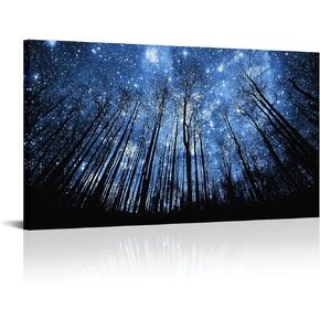 Visual Art Decor Fancy Blue Starry Night Forest Tree Silhouette Canvas Wall Art Nature Scenery Picture Prints Home Office Wall Decoration Modern Contemporary Art