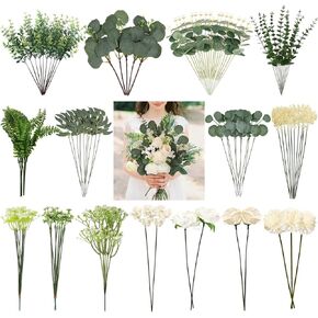 120Pcs 15 Kinds Mixed Artificial Greenery Stems and Faux Flowers Bulk Fake Eucalyptus Leaves Branches Plant for Wedding Vase Bouquets Table Centerpieces Floral Arrangement Party Home Decorations