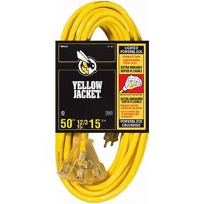 Yellow Jacket Heavy Duty Extension Cord, 50Ft, 12 Gauge, 3 Conductor, Lighted End, 3-Outlet, Weather Resistant, SJTW, Yellow, 2827