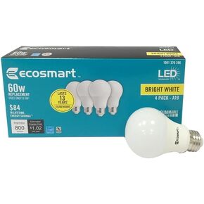 EcoSmart 60W Equivalent Bright White A19 Energy Star + Dimmable LED Light Bulb (4-Pack)
