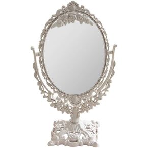 ARTIBETTER Travel Makeup Mirror Vintage Makeup Mirror Tabletop Retro Makeup Desk Mirror Retro Elegant Embossed Double- Sided Princess Mirror (Oval, Beige) Desk Makeup Mirror