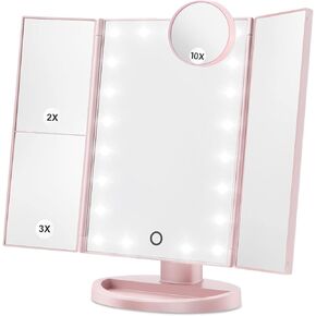 Makeup Vanity Mirror with LED Lights, 3 Level Magnification, Touch Control, Portable Folding Design, Battery & USB Powered (White)