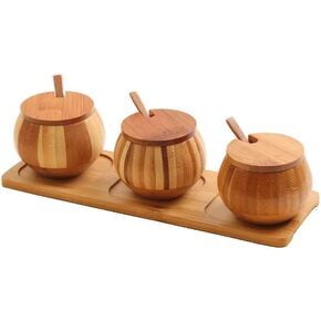 Bamboo Wood Bowls Containers Organizers with Lid and Spoon Perfect for Seasonings, Spices, Sugar, Salt - Set of 3 - Kitchen Organizer