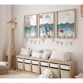 Ocean Nursery Wall Art Pictures Blue Nautical Canvas Art Beach Animal Wall Decor Baby Boys Room Wall Art Sea Whale Prints Ocean Nautical Poster for Nursery Baby Room 16x24 Inch Set of 3 Unframed
