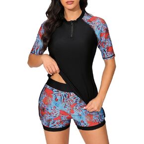 Bonneuitbebe Women Two Piece UPF 50+ Rash Guard Short Sleeve Swim Shirt Built in Bra Swimsuit with Zip Boyshort Bottom