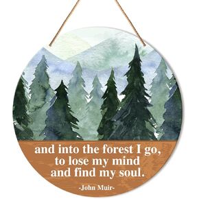 Camping Sign Wall Decor, Summer Camp Round Hanging Sign Decor Farmhouse Wall Decorations Wood Sign for Cabin, RV, Home, Housewarming Gift for Camper Nature Lover Hiker, and into The Forest I Go