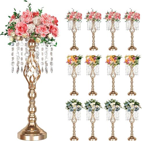 12 قطعة مزهرية كريستالية حامل 19.3 * 7.9 بوصة حامل زهور قطع مركزية أنيقة للزفاف مع 12 خيط كريستالي معدني ثريا زهرة كريستال لمستلزمات الزفاف وطاولة الاستقبال وديكور المنزل in Kuwait