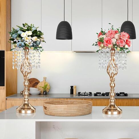 12 قطعة مزهرية كريستالية حامل 19.3 * 7.9 بوصة حامل زهور قطع مركزية أنيقة للزفاف مع 12 خيط كريستالي معدني ثريا زهرة كريستال لمستلزمات الزفاف وطاولة الاستقبال وديكور المنزل in Kuwait