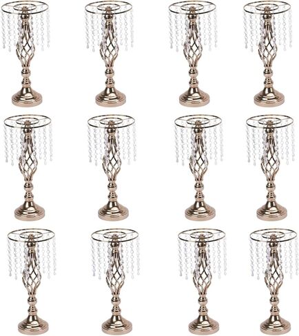 12 قطعة مزهرية كريستالية حامل 19.3 * 7.9 بوصة حامل زهور قطع مركزية أنيقة للزفاف مع 12 خيط كريستالي معدني ثريا زهرة كريستال لمستلزمات الزفاف وطاولة الاستقبال وديكور المنزل in Kuwait