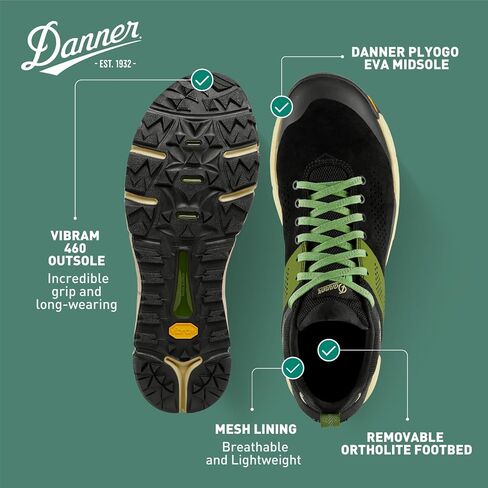 حذاء Danner Trail 2650 للمشي لمسافات طويلة للرجال - جلد سويدي متين، نسيج خفيف الوزن مع بطانة شبكية مسامية، وسادة قدم OrthoLite ونعل خارجي Vibram للجر، أسود داكن/أخضر شيف - 14 D in Saudi Arabia