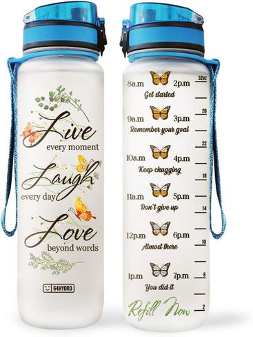 64HYDRO 32oz 1Liter Motivational Water Bottle with Time Marker, Butterfly Lover Live Every Moment Laugh Every Day Love Beyond Word HAH2005001 Water Bottle in Saudi Arabia