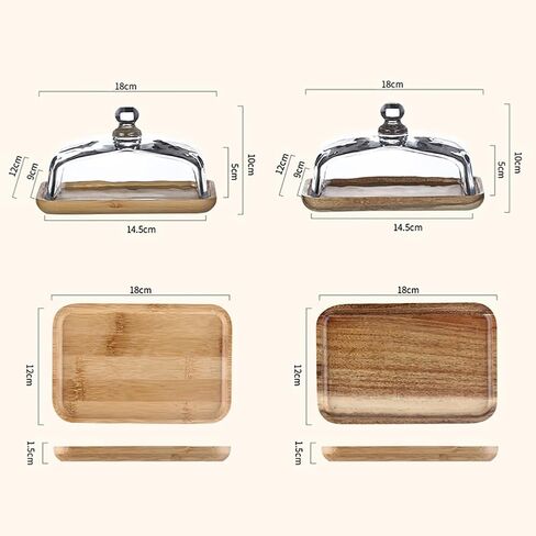 طبق زبدة مع غطاء زجاجي، مقبض سهل الإمساك، حامل زبدة، حافظة زبدة للمنضدة، صينية زبدة لكتلة الجبن الكريمي وحلوى الكيك والفواكه الصغيرة، طبق زبدة من خشب السنط in Kuwait