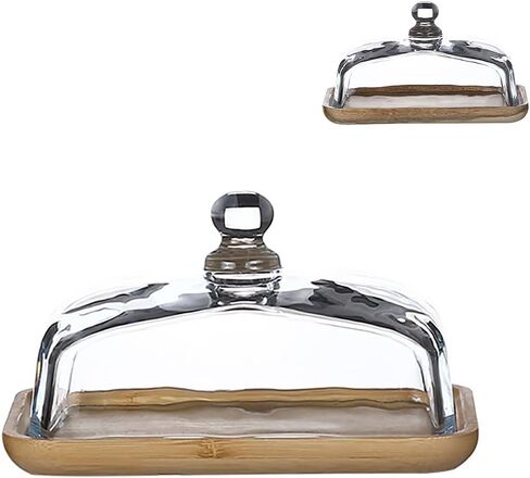 طبق زبدة مع غطاء زجاجي، مقبض سهل الإمساك، حامل زبدة، حافظة زبدة للمنضدة، صينية زبدة لكتلة الجبن الكريمي وحلوى الكيك والفواكه الصغيرة، طبق زبدة من خشب السنط in Kuwait