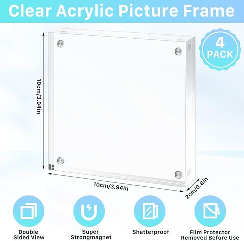 إطار صورة أكريليك مقاس 4 × 4، إطار أكريليك مكون من 4 قطع، إطارات صور أكريليك شفافة، إطار بلوك سميك بنسبة 20%، إطارات صور مغناطيسية مزدوجة الجوانب، إطارات صور شفافة بدون إطار لعرض سطح المكتب in Kuwait