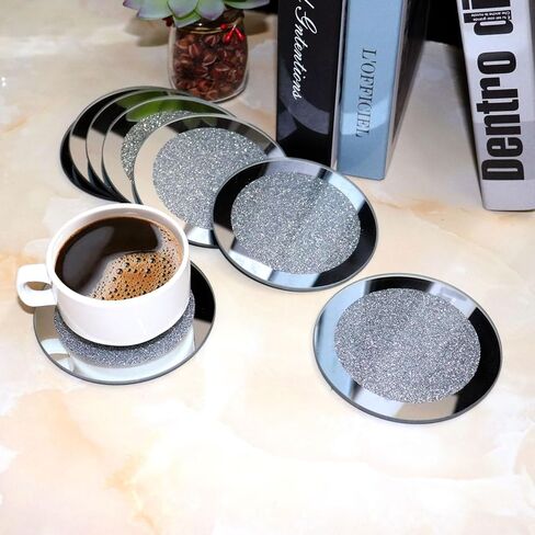 Glass Mirrored Coasters Set of 8, Washable Crushed Diamond Costers for Kitchen Table 4 inch Bling Heart Shape Mirrored Table Mats (Round) in Saudi Arabia