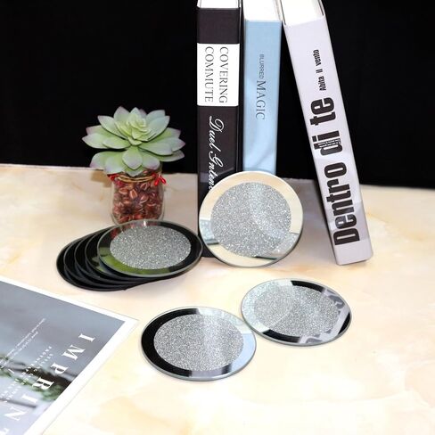 Glass Mirrored Coasters Set of 8, Washable Crushed Diamond Costers for Kitchen Table 4 inch Bling Heart Shape Mirrored Table Mats (Round) in Saudi Arabia
