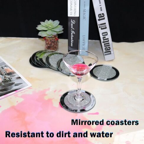 Glass Mirrored Coasters Set of 8, Washable Crushed Diamond Costers for Kitchen Table 4 inch Bling Heart Shape Mirrored Table Mats (Round) in Saudi Arabia