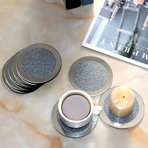 Glass Mirrored Coasters Set of 8, Washable Crushed Diamond Costers for Kitchen Table 4 inch Bling Heart Shape Mirrored Table Mats (Round) in Saudi Arabia