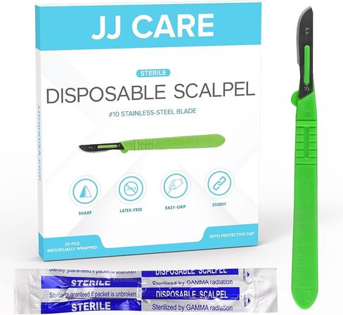 مشرط JJ CARE للاستعمال مرة واحدة [عبوة من 20 قطعة]، 10 شفرات من الفولاذ المقاوم للصدأ، مشارط معقمة بمقابض بلاستيكية، مشرط لتنظيف الجلد، مشرط الفنون والحرف اليدوية، مشارط علاج الأرجل في أكياس فردية in Kuwait