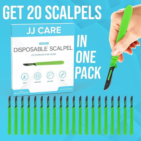 مشرط JJ CARE للاستعمال مرة واحدة [عبوة من 20 قطعة]، 10 شفرات من الفولاذ المقاوم للصدأ، مشارط معقمة بمقابض بلاستيكية، مشرط لتنظيف الجلد، مشرط الفنون والحرف اليدوية، مشارط علاج الأرجل في أكياس فردية in Kuwait