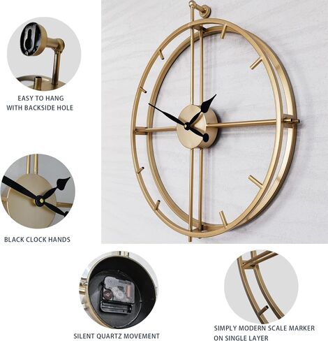 Qukueoy 24 Inch Double Layer Modern Art Big Clock 3D Decorative Large Metal Wall Clocks for Living Room,Minimalism, Battery Operated (Gold) in Saudi Arabia