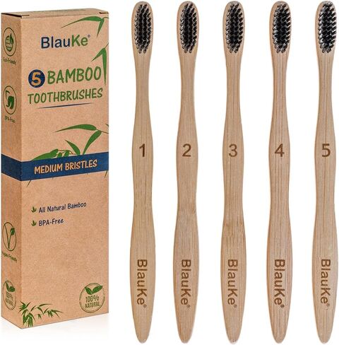 BlauKe Bamboo Toothbrushes Medium Bristles 5-Pack – Biodegradable, Sustainable, Natural, Eco Friendly – Black Charcoal Wooden Toothbrush Set in Saudi Arabia