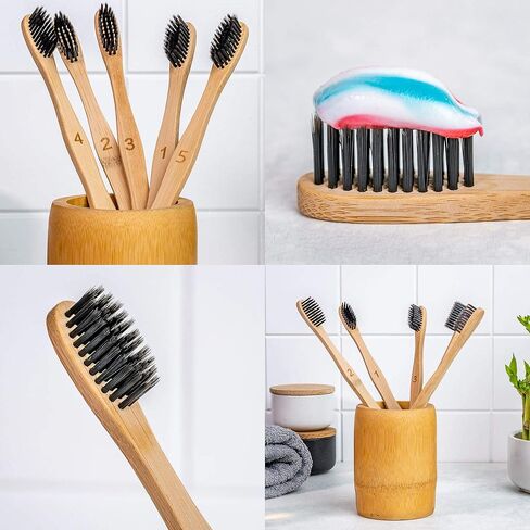 BlauKe Bamboo Toothbrushes Medium Bristles 5-Pack – Biodegradable, Sustainable, Natural, Eco Friendly – Black Charcoal Wooden Toothbrush Set in Saudi Arabia