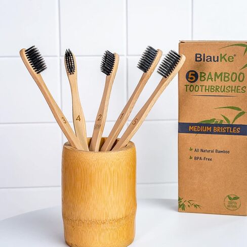 BlauKe Bamboo Toothbrushes Medium Bristles 5-Pack – Biodegradable, Sustainable, Natural, Eco Friendly – Black Charcoal Wooden Toothbrush Set in Saudi Arabia